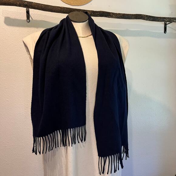 Vintage 90s Navy Blue 100% Cashmere Fringe Trim Unisex Wrap Scarf - Picture 7 of 7